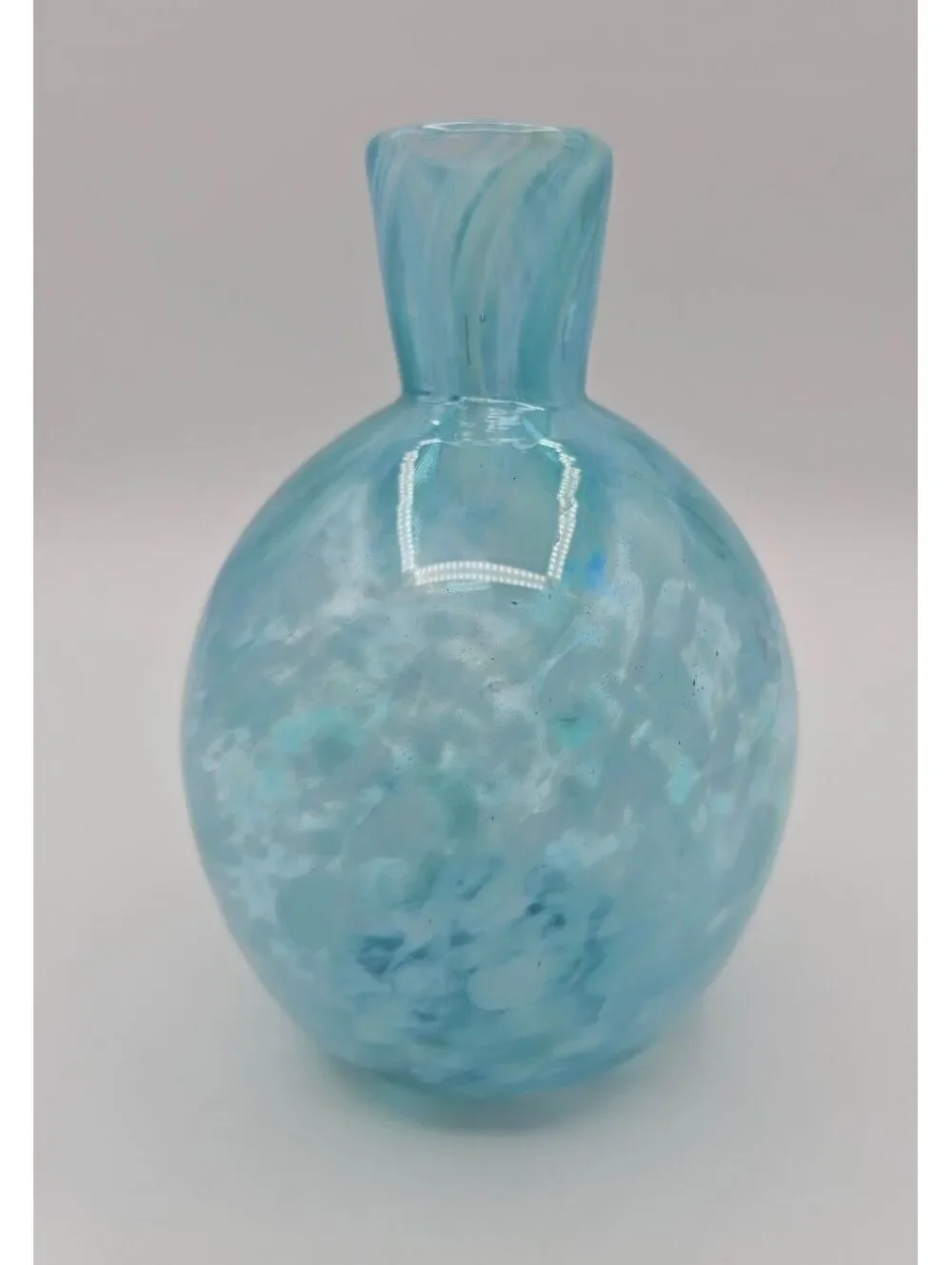 Taryn Jayne Signed Hand Blown Art Glass Vase Aqua Blue White Studio Glass